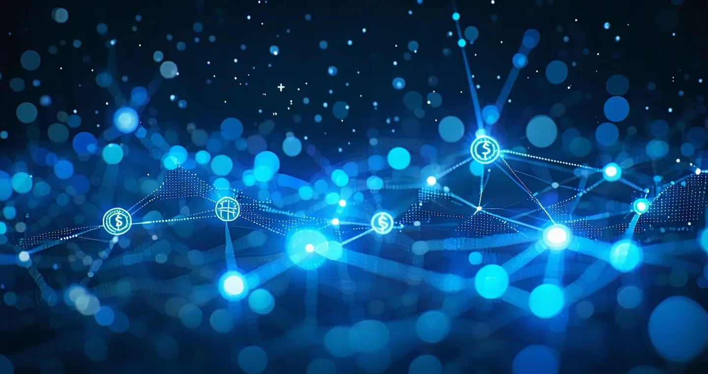 Abstract visualization of cross-border payment settlement flows between market corridors — glowing network nodes representing Brazil, Mexico, Nigeria, Indonesia, and Philippines with teal and cobalt flow lines on deep navy background